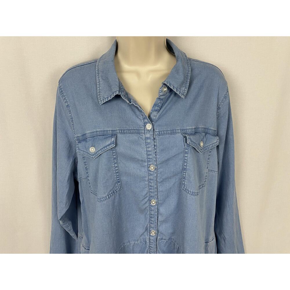 Belle BOHO Kim Gravel Chambray Dress Large Blue Denim Tiered Pockets Ruffle - Picture 2 of 13